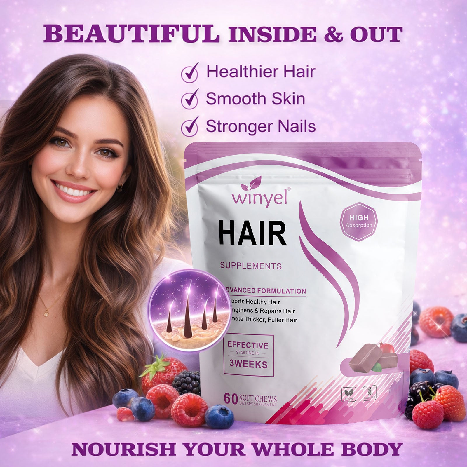 Biotin Boost Hair Growth Soft Chewables – Mixed Berry Vitamin Gummies for Thicker & Stronger Hair
